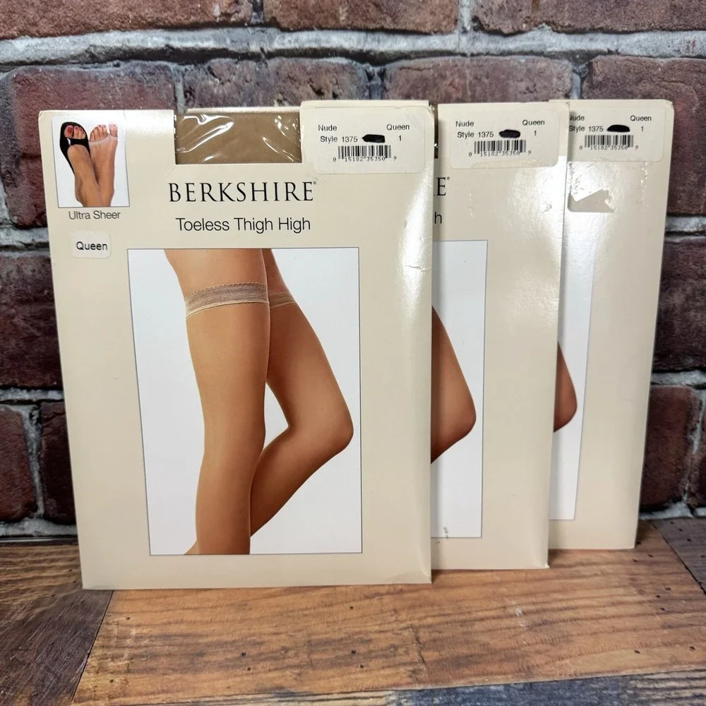 3 Pair Vintage Berkshire Toeless Thigh Highs Queen 1 Nude Ultra Sheer‎ 2008 Lot
